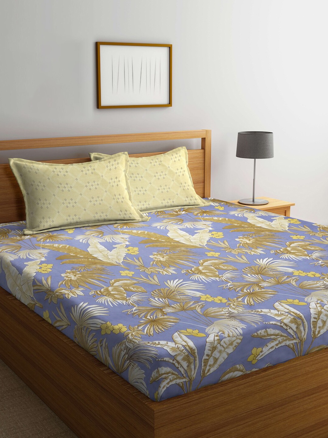 Arrabi Grey & Yellow Floral 300 TC Fitted King Bedsheet With 2 Pillow Covers