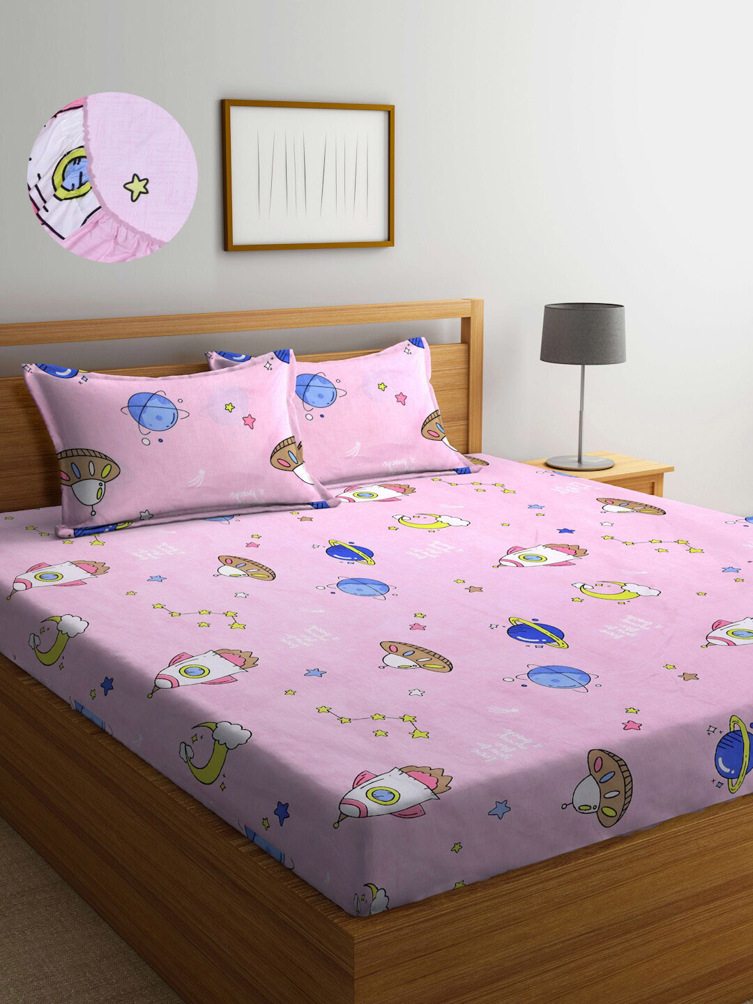 

Arrabi Cotton Blend King Size Fitted Bedsheet with 2 Pillow Covers, Pink