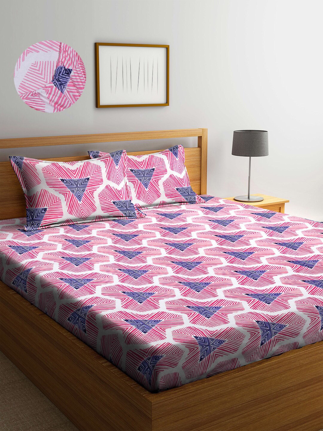 

Arrabi Cotton Blend King Size Fitted Bedsheet with 2 Pillow Covers, Pink