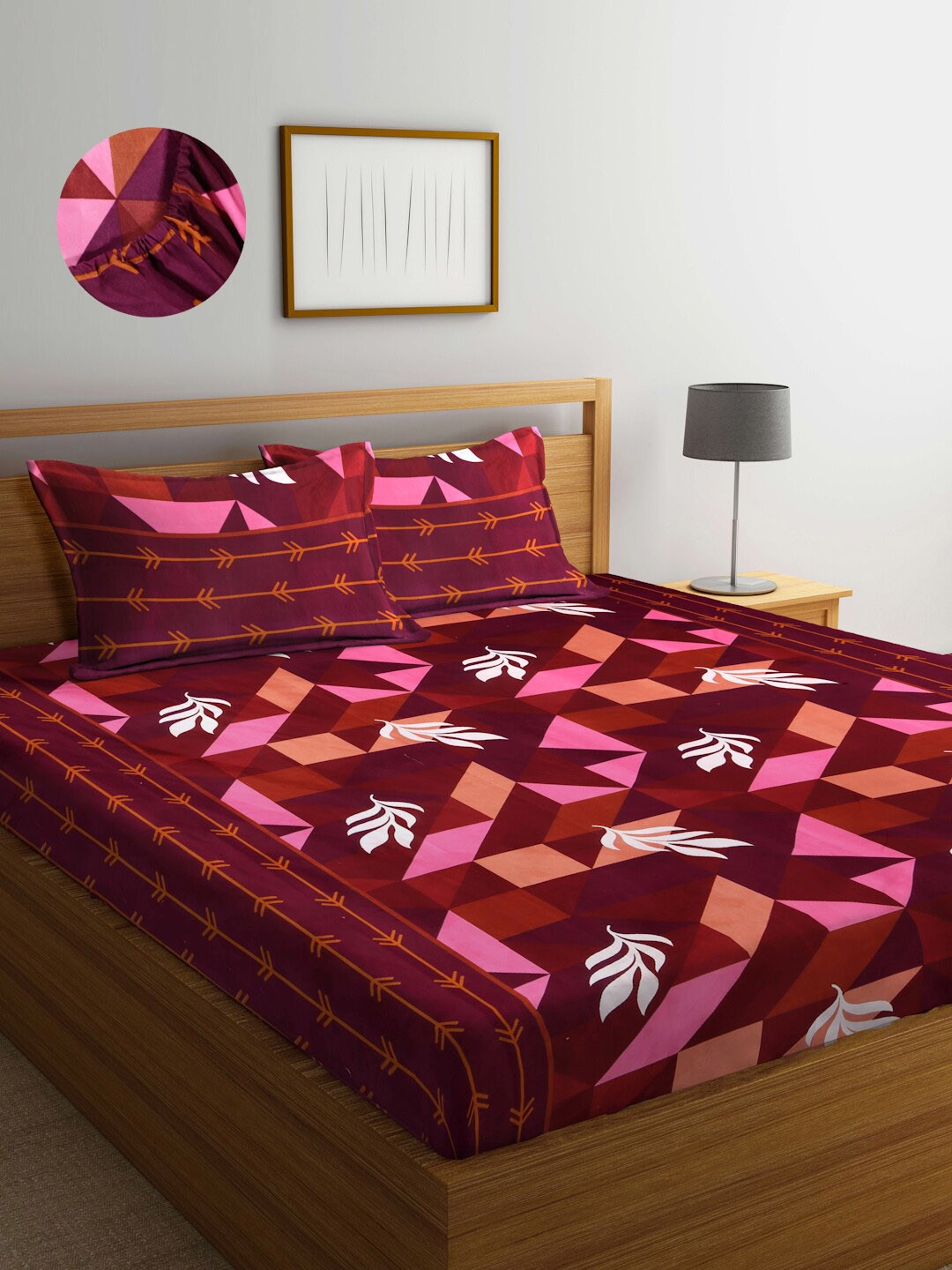 

Arrabi Red & Pink Floral Printed 300 TC Fitted King Bedsheet & 2 Pillow Covers