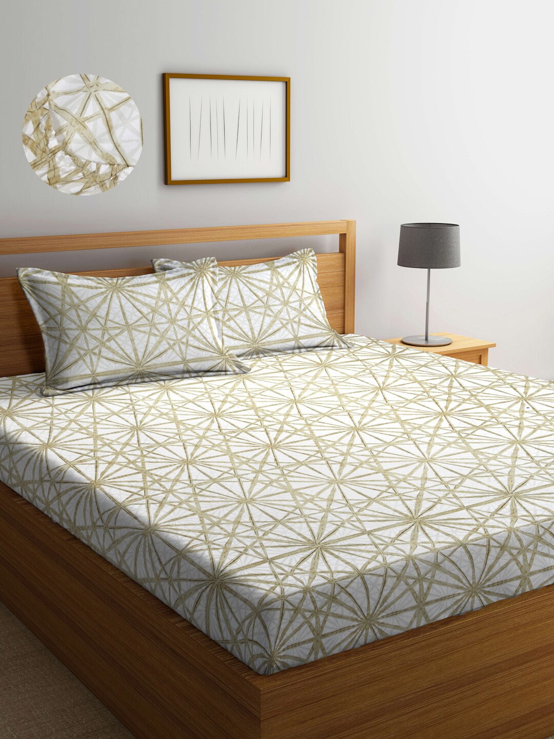 

Arrabi White & Beige Geometric 300 TC Fitted King Bedsheet With 2 Pillow Covers