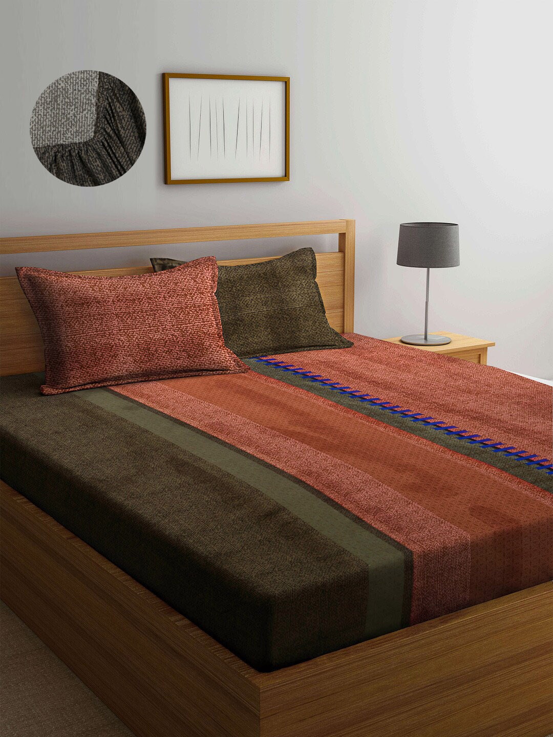 

Arrabi Green Geometric 300 TC King Size Fitted Bedsheet With 2 Pillow Covers
