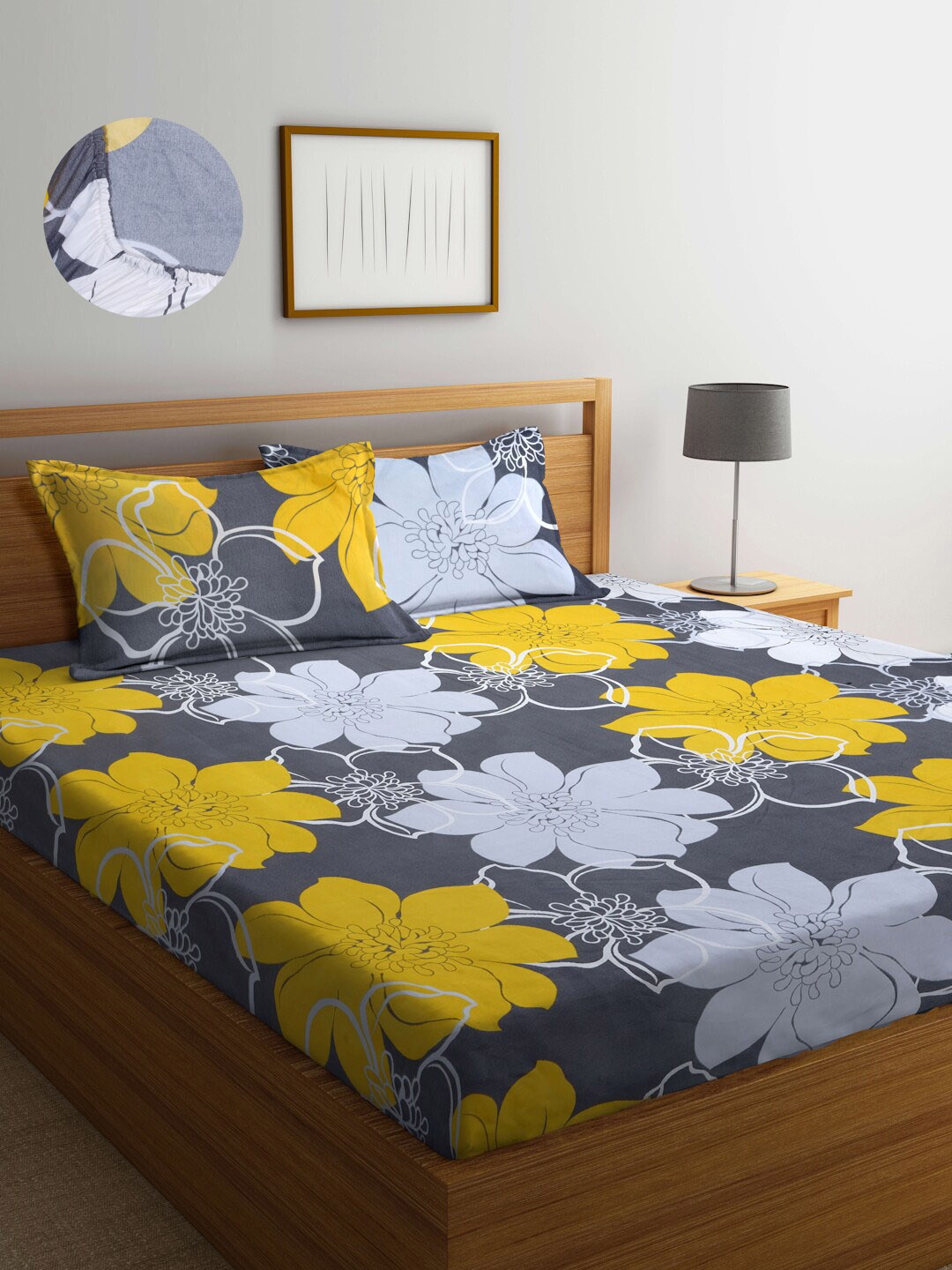 Arrabi Grey & Yellow Floral 300 TC Fitted King Bedsheet With 2 Pillow Covers