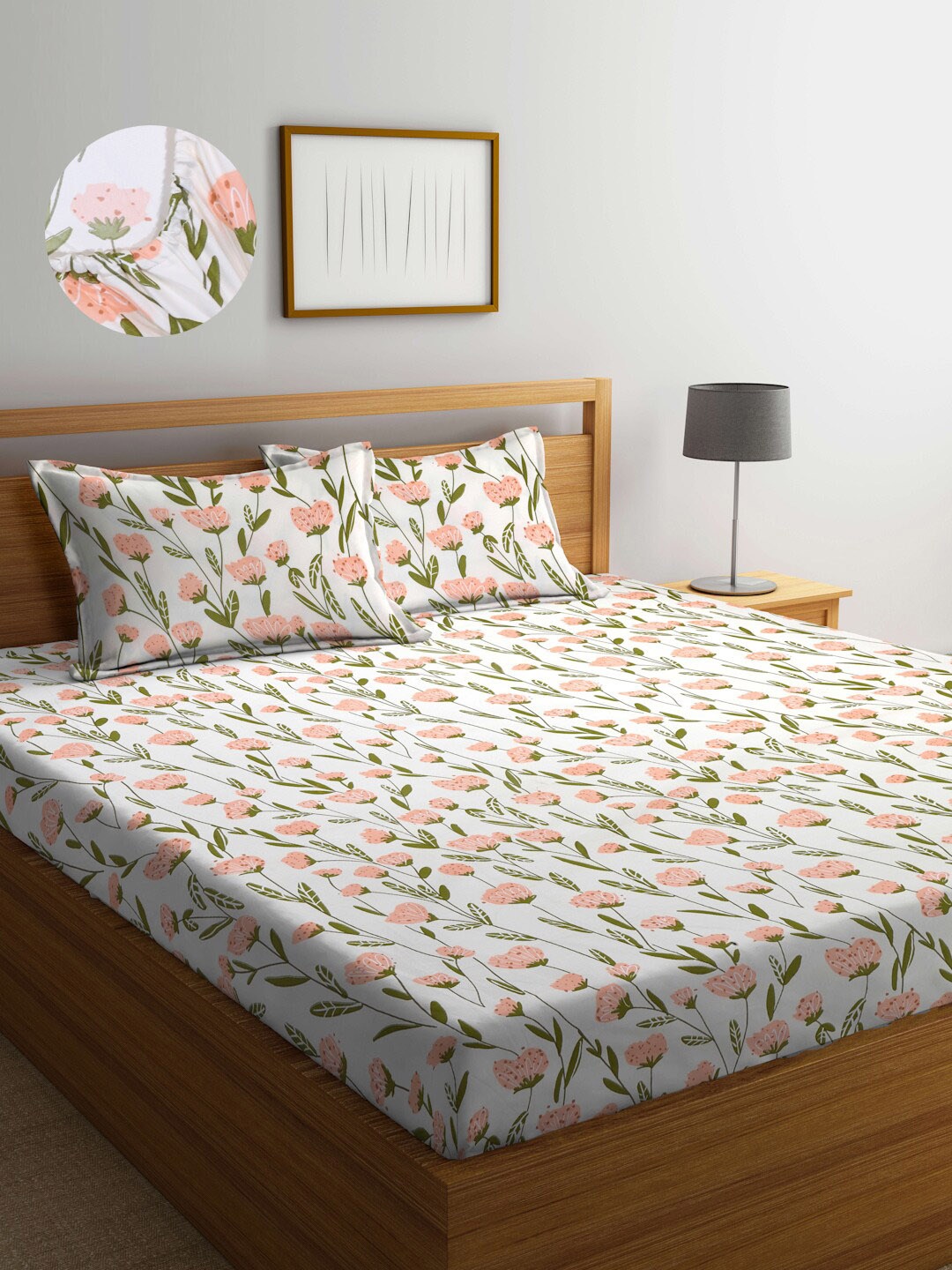 

Arrabi Cotton Blend King Size Fitted Bedsheet with 2 Pillow Covers, Cream