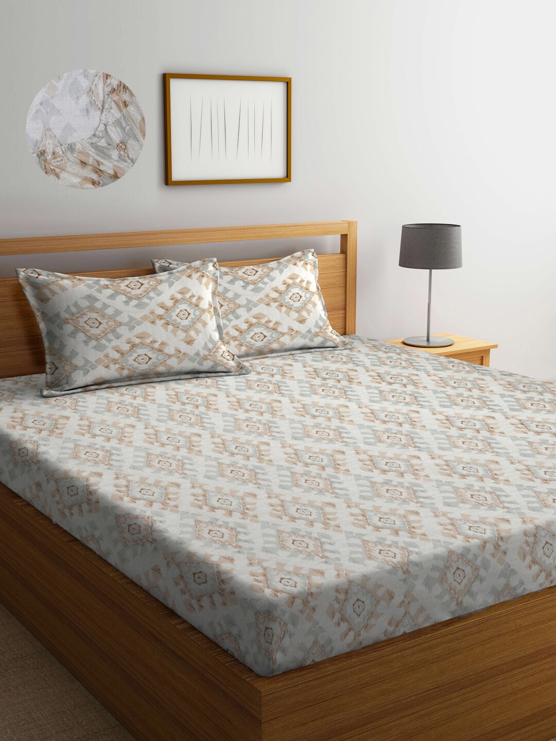 

Arrabi Cotton Blend King Size Fitted Bedsheet with 2 Pillow Covers, Cream