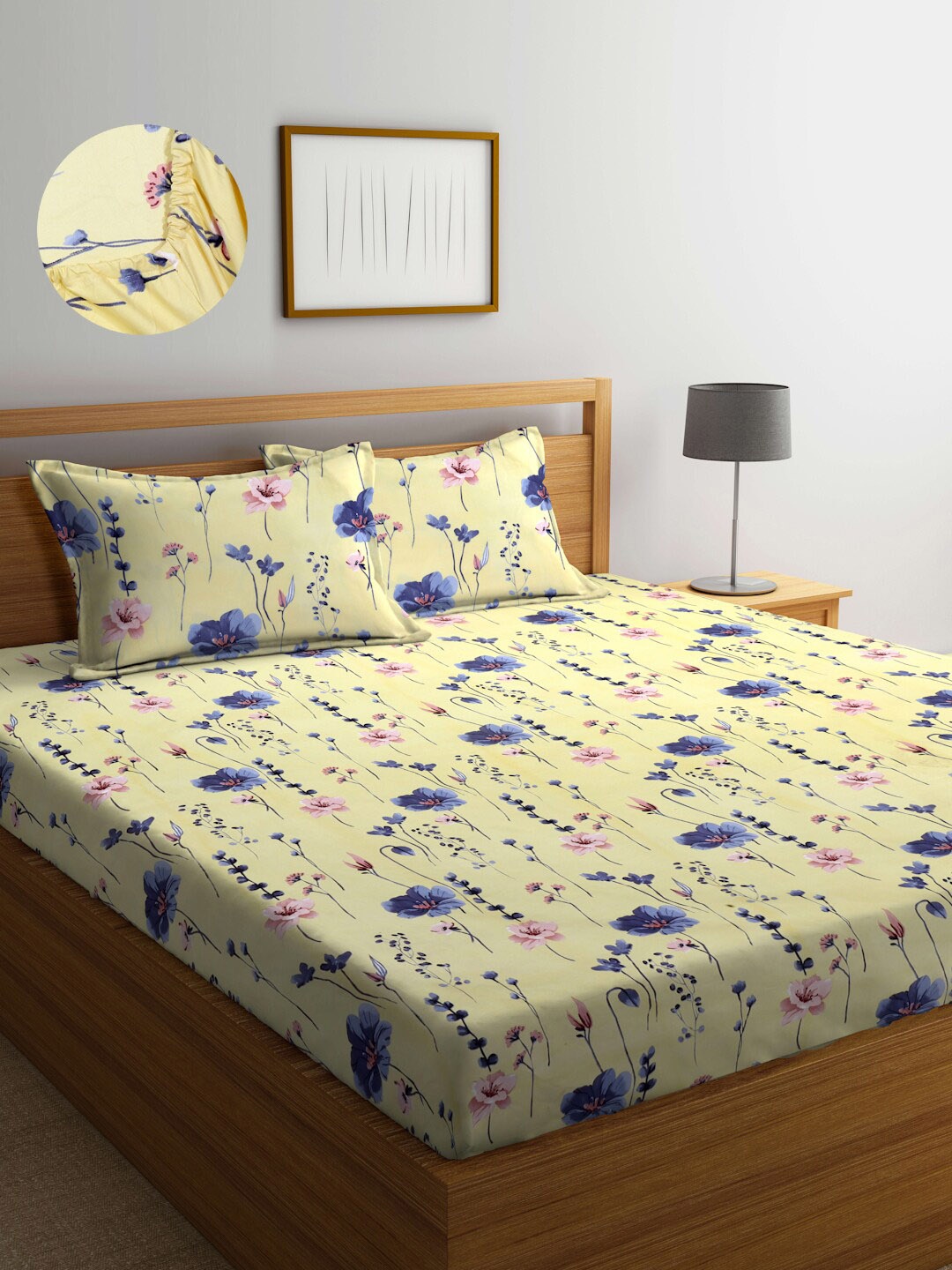

Arrabi Yellow & Blue Floral 300 TC King Size Fitted Bedsheet with 2 Pillow Covers