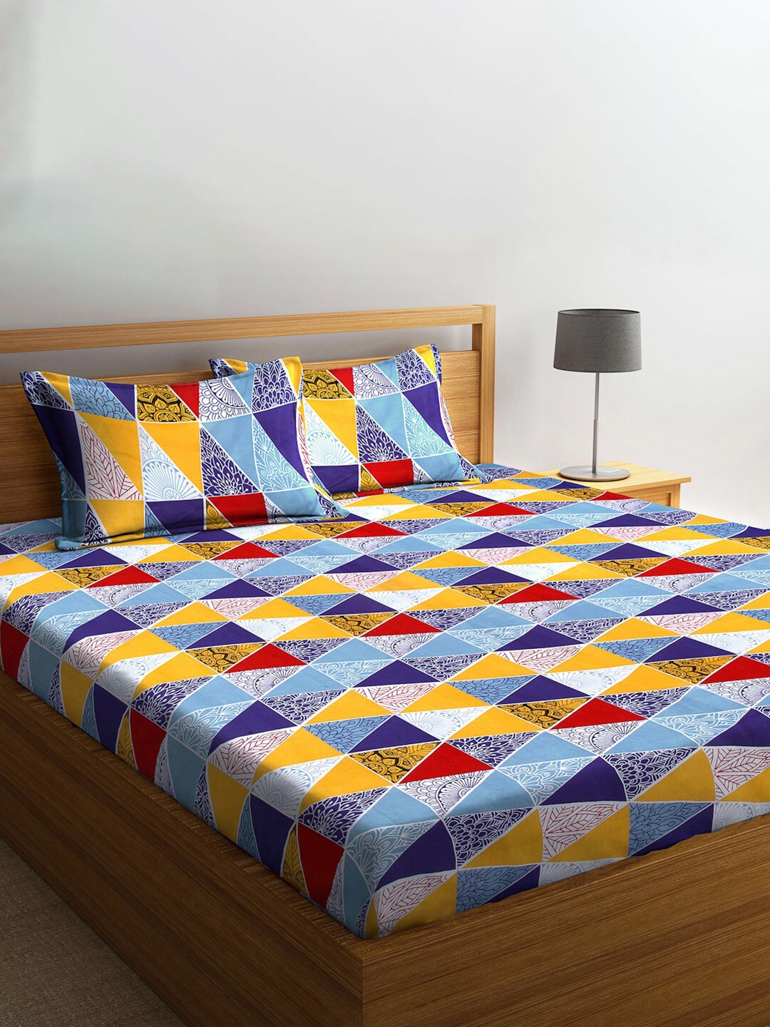 Arrabi Cotton Blend King Size Fitted Bedsheet with 2 Pillow Covers, Blue