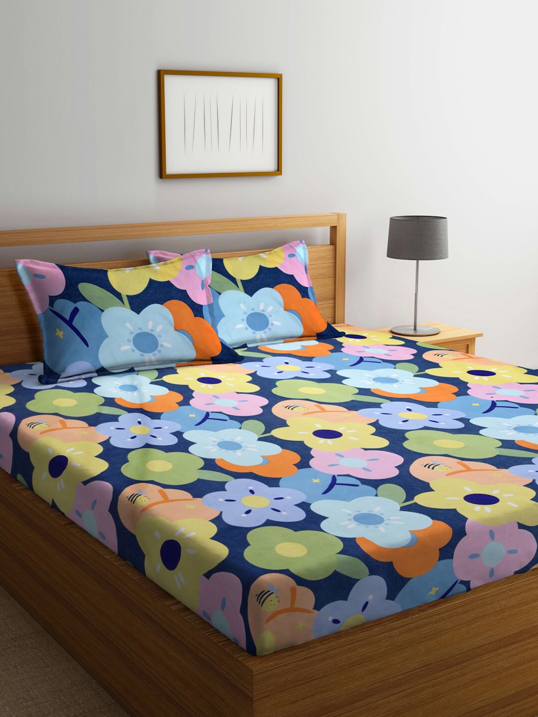 

Arrabi Blue & Mustard Floral Printed 300 TC King Size Fitted Bedsheet with 2 Pillow Covers