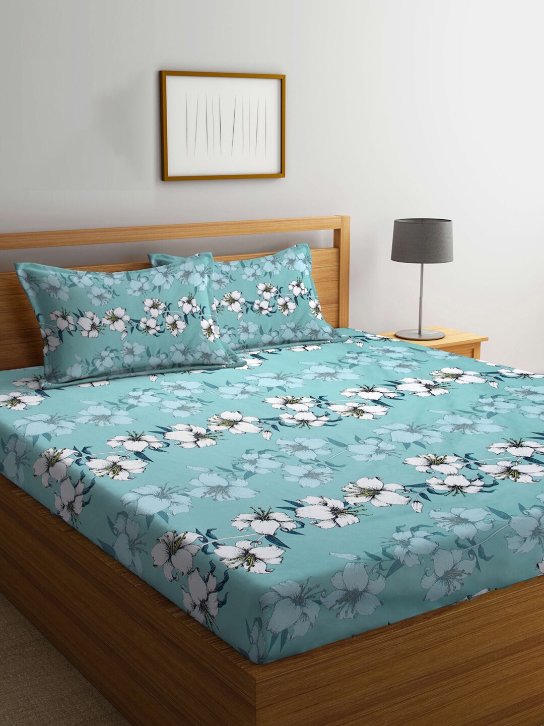 

Arrabi Green & White Floral Printed 300 TC King Size Fitted Bedsheet with 2 Pillow Covers