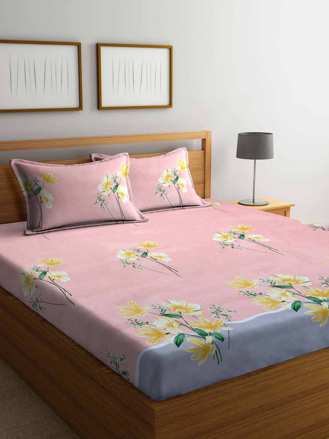 

Arrabi Peach-Coloured & Mustard Floral 300 TC King Size Fitted Bedsheet & 2 Pillow Covers