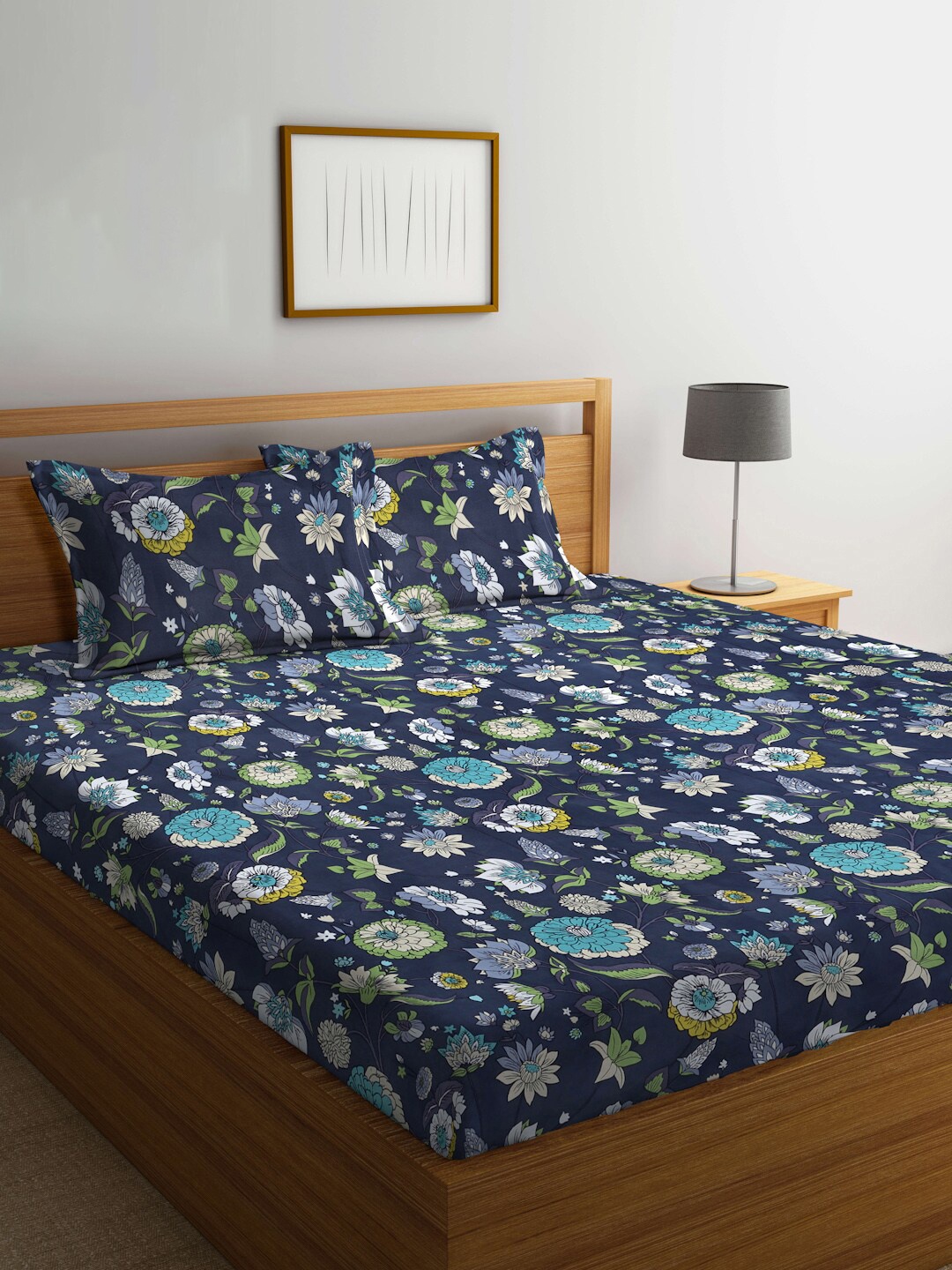 

Arrabi Grey Floral 300 TC Cotton Blend Super King Size Fitted Bedsheet & 2 Pillow Covers