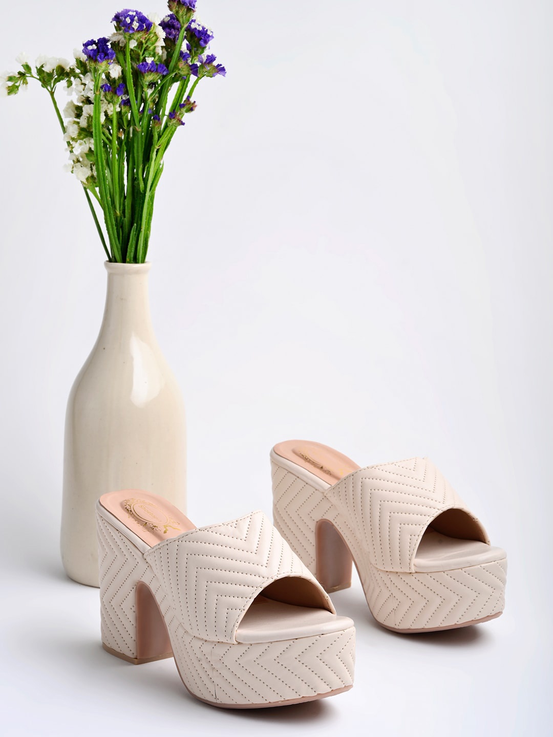 

Shoetopia Textured Open Toe Block Heels, Cream