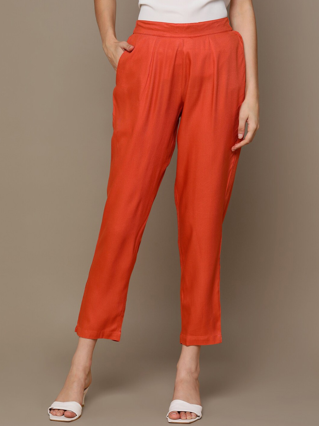 

MALHAAR Women Mid Rise Cotton Trousers, Orange