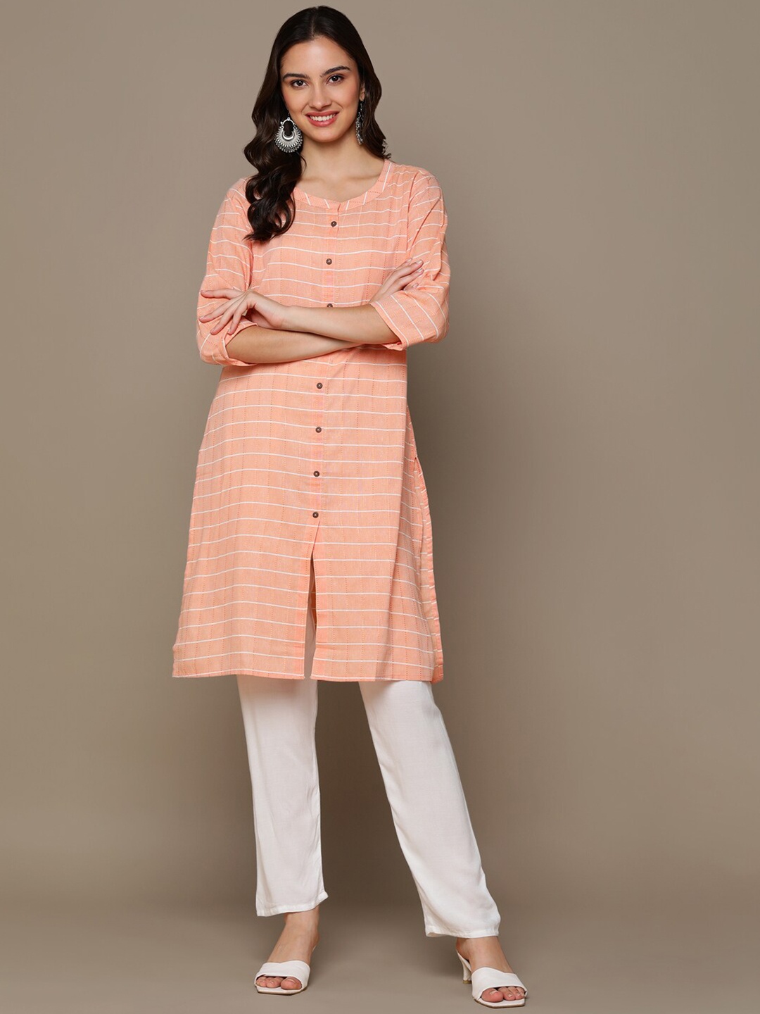 

MALHAAR Checked Pure Cotton Kurta, Orange