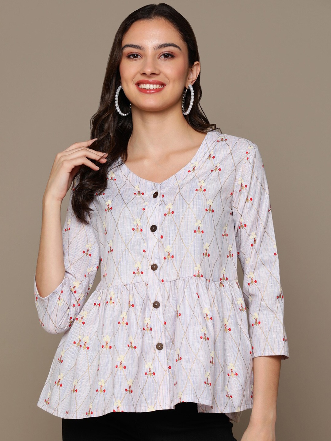 

MALHAAR V-Neck Ethnic Motifs Printed Peplum Top, Grey