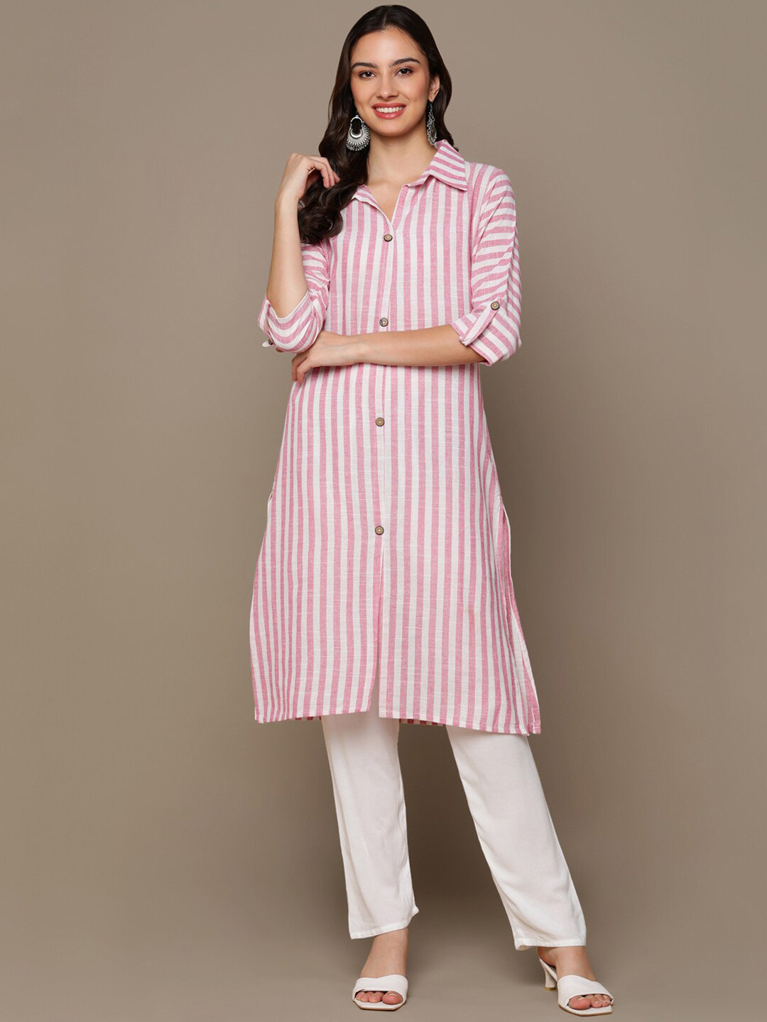 

MALHAAR Vertical Stripes Shirt Collar Roll-Up Sleeves Pastels Pure Cotton Pathani Kurta, White
