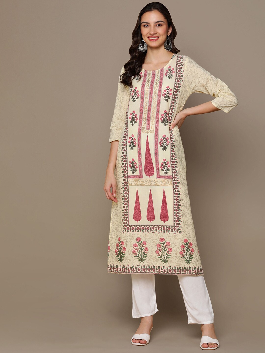 

MALHAAR Ethnic Motifs Printed Kurta, Cream