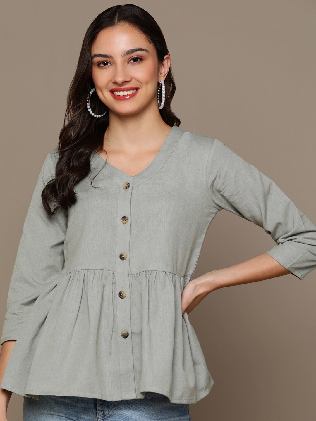 

MALHAAR V-Neck Pure Cotton A-Line Kurti, Grey