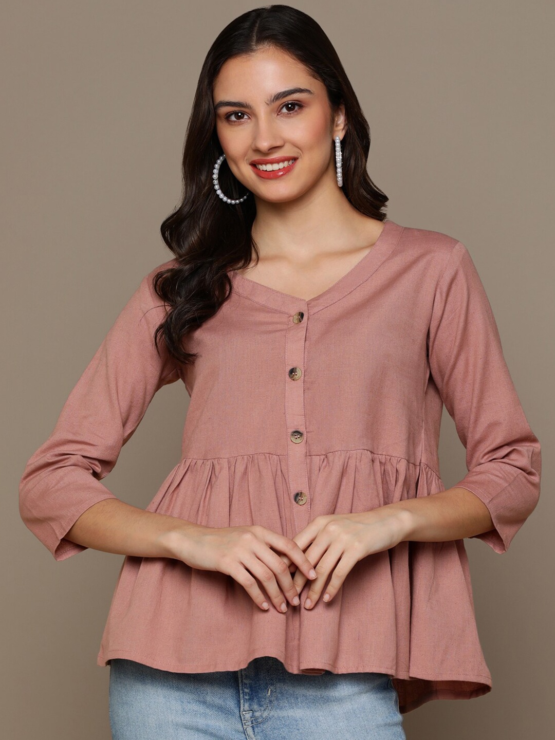

MALHAAR V-neck Pure Cotton Shirt Style Top, Brown