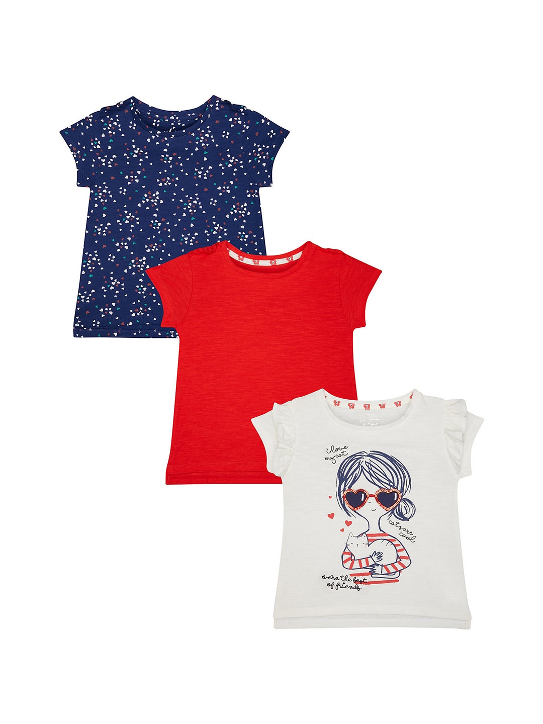

mothercare Girls Pack Of 3 Graphic Printed Cotton T-shirt, Navy blue