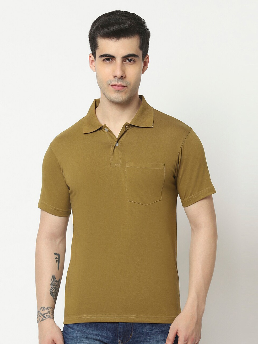 

T T Men Polo Collar Short Sleeves Pocket T-shirt, Olive