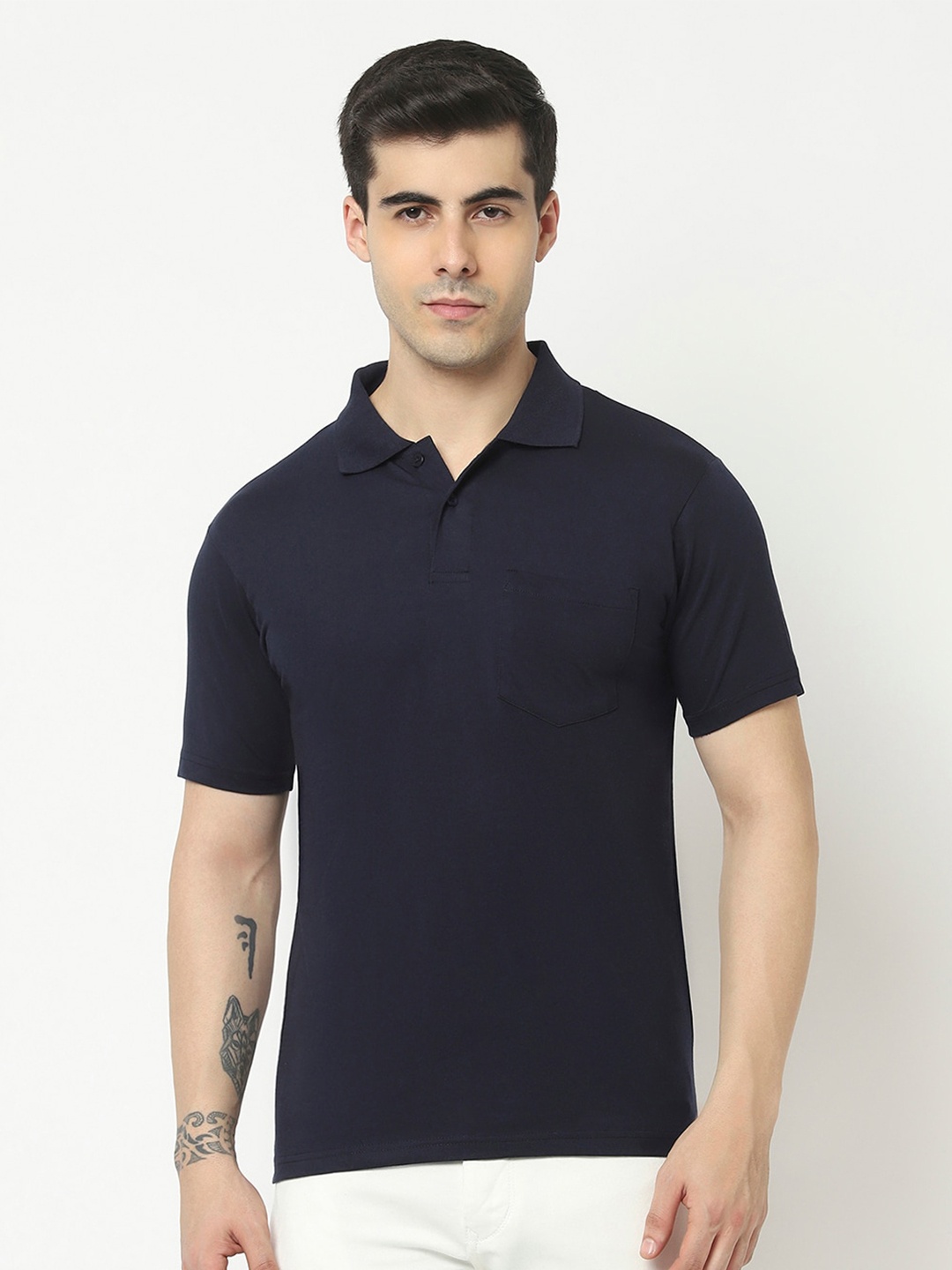 

T.T. Solid Polo Collar Cotton T-shirt, Navy blue