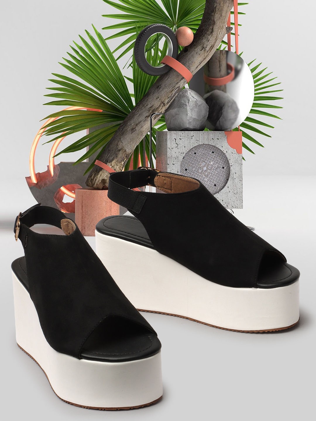 

RINDAS Peep Toes Flatform Heel Mules, Black