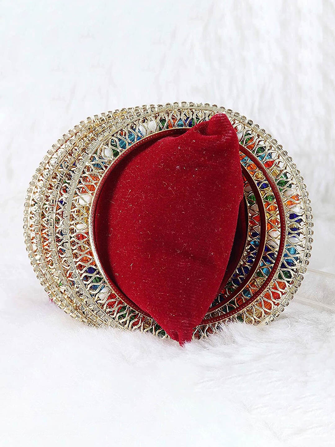 

NMII Set Of 4 Silver Plated Zircon Studded & Beaded Kada Bangles, Gold