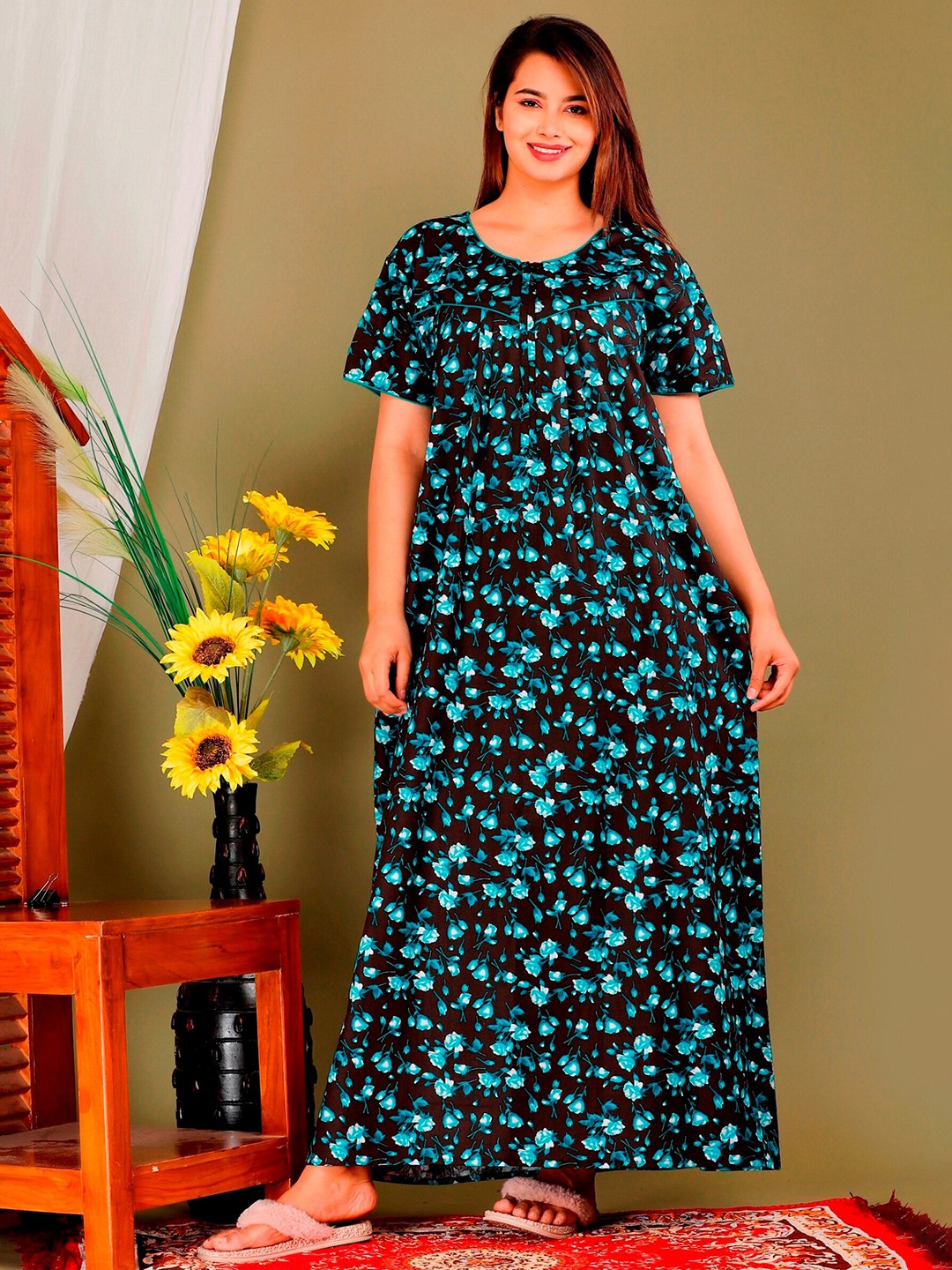 

METRO-FASHION Floral Printed Pure Cotton Maxi Nightdress, Black