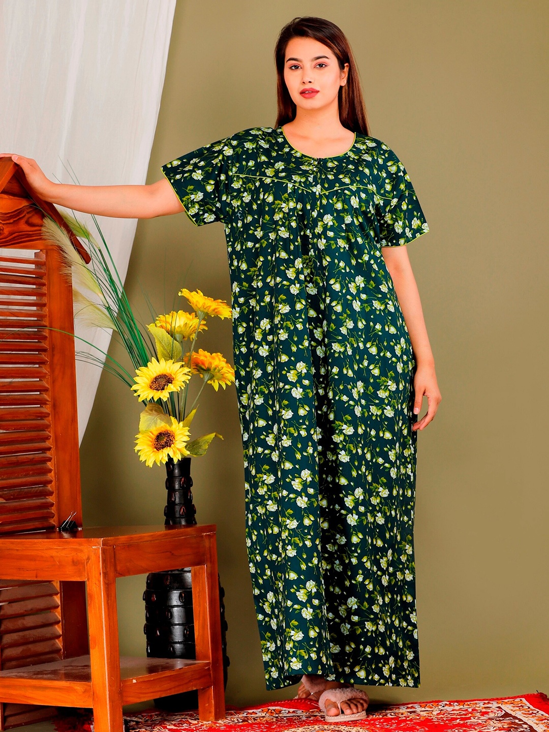 

METRO-FASHION Floral Printed Pure Cotton Maxi Nightdress, Green