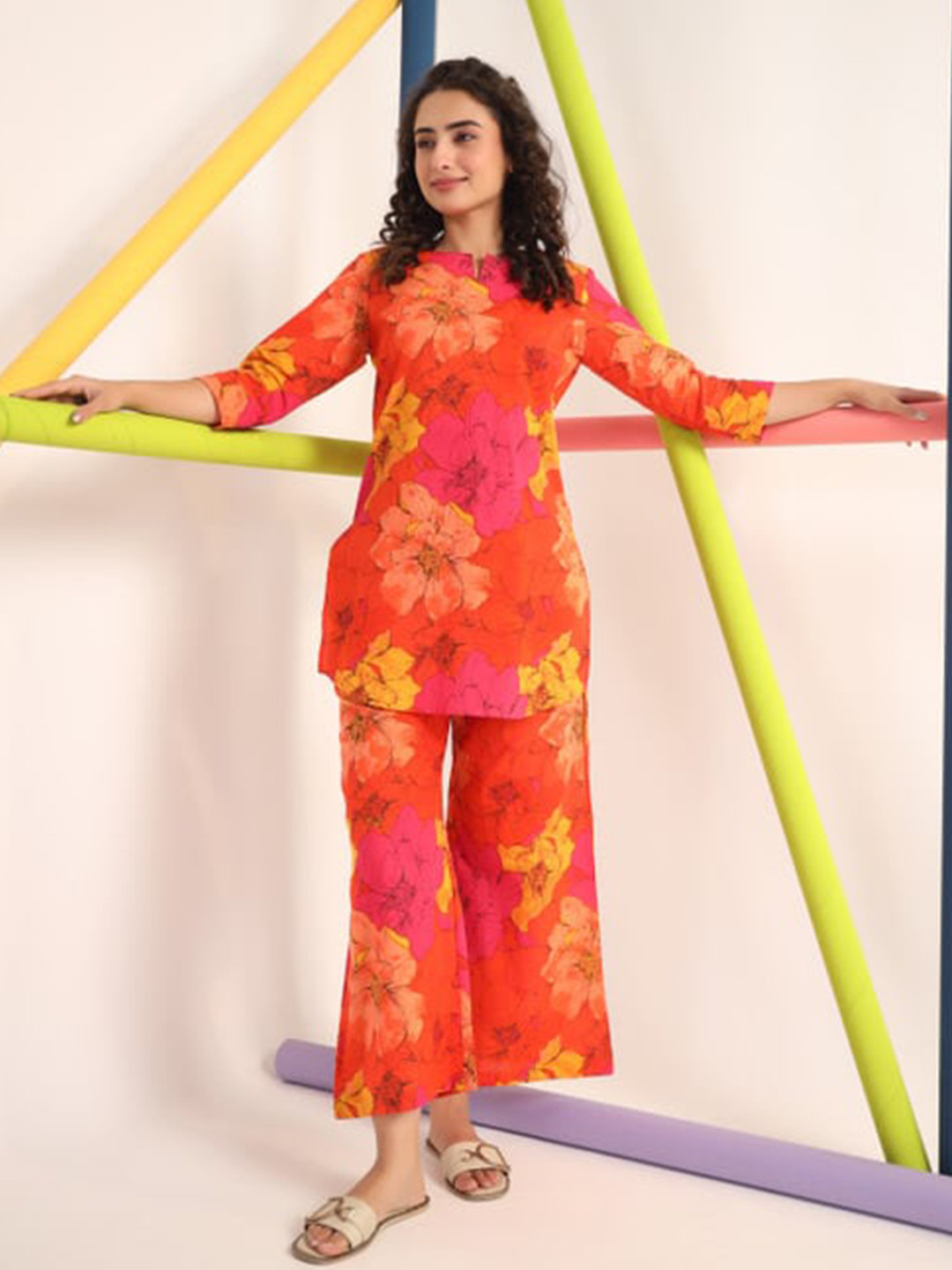 

JISORA Orange & Pink Floral Printed Pure Cotton Night Suit