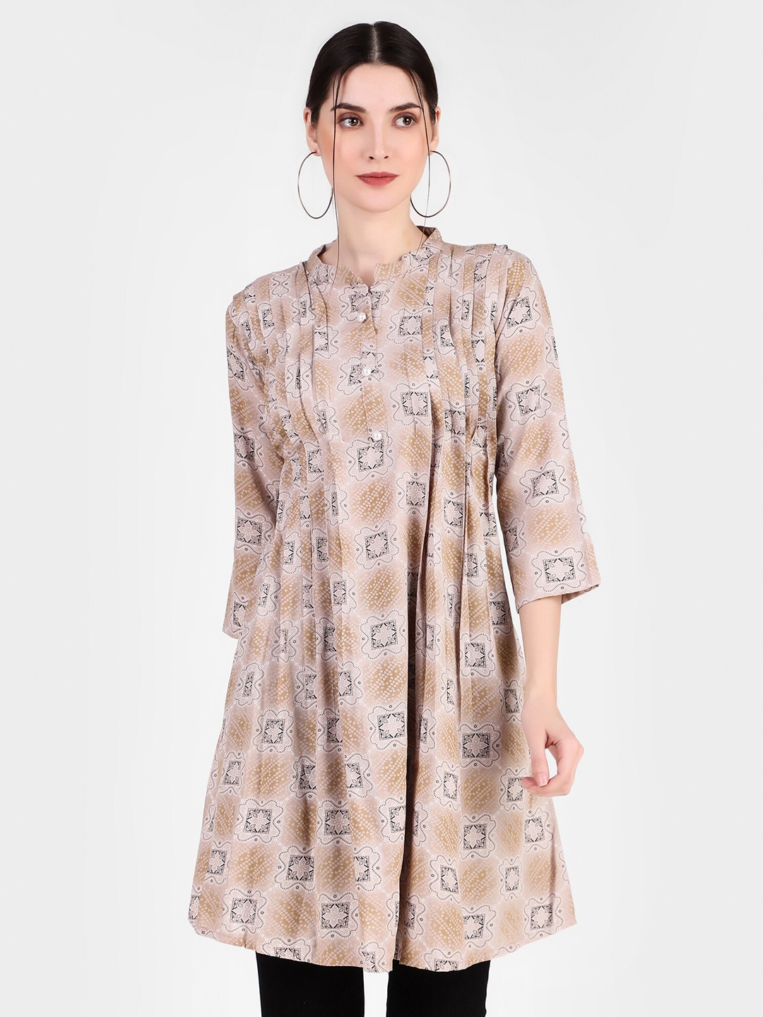 

FNOCKS Ethnic Motifs Printed Organic Cotton Pleated Kurti, Beige