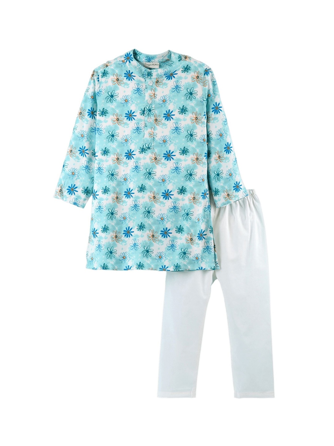 

CrayonFlakes Boys Floral Printed Kurta with Pyjamas, Turquoise blue