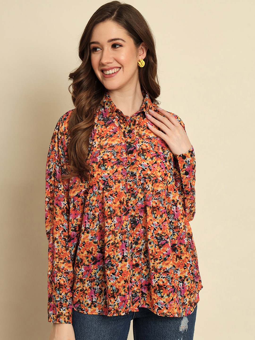 

Trend Arrest Floral Printed Cuffed Sleeves Gathered Shirt Style Top, Orange