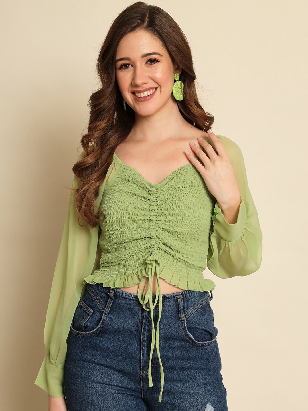 

Trend Arrest Sweetheart Neck Puff Sleeve Smocked Fitted Ruched Top, Green