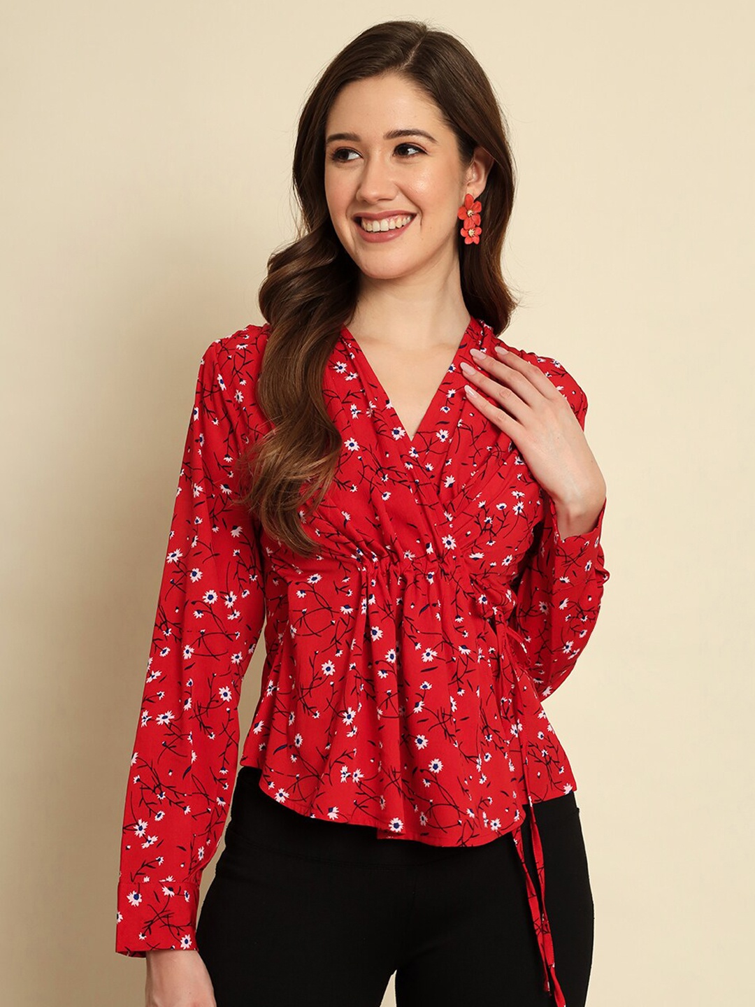 

Trend Arrest Floral Printed V-Neck Cuffed Sleeve Wrap Top, Red