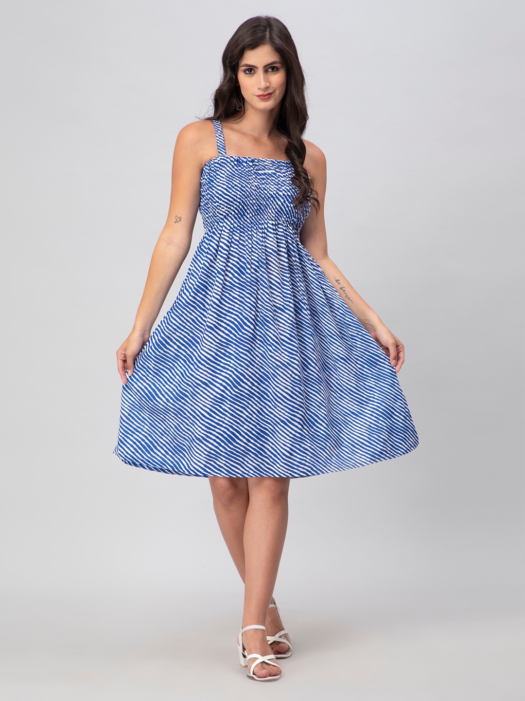 

Aditi Wasan Striped Shoulder Strap Smocked Fit & Flare Dress, Blue