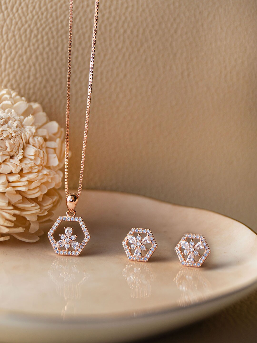 

MANNASH 925 Sterling Silver Rose Gold-Plated CZ-Studded Necklace & Earrings