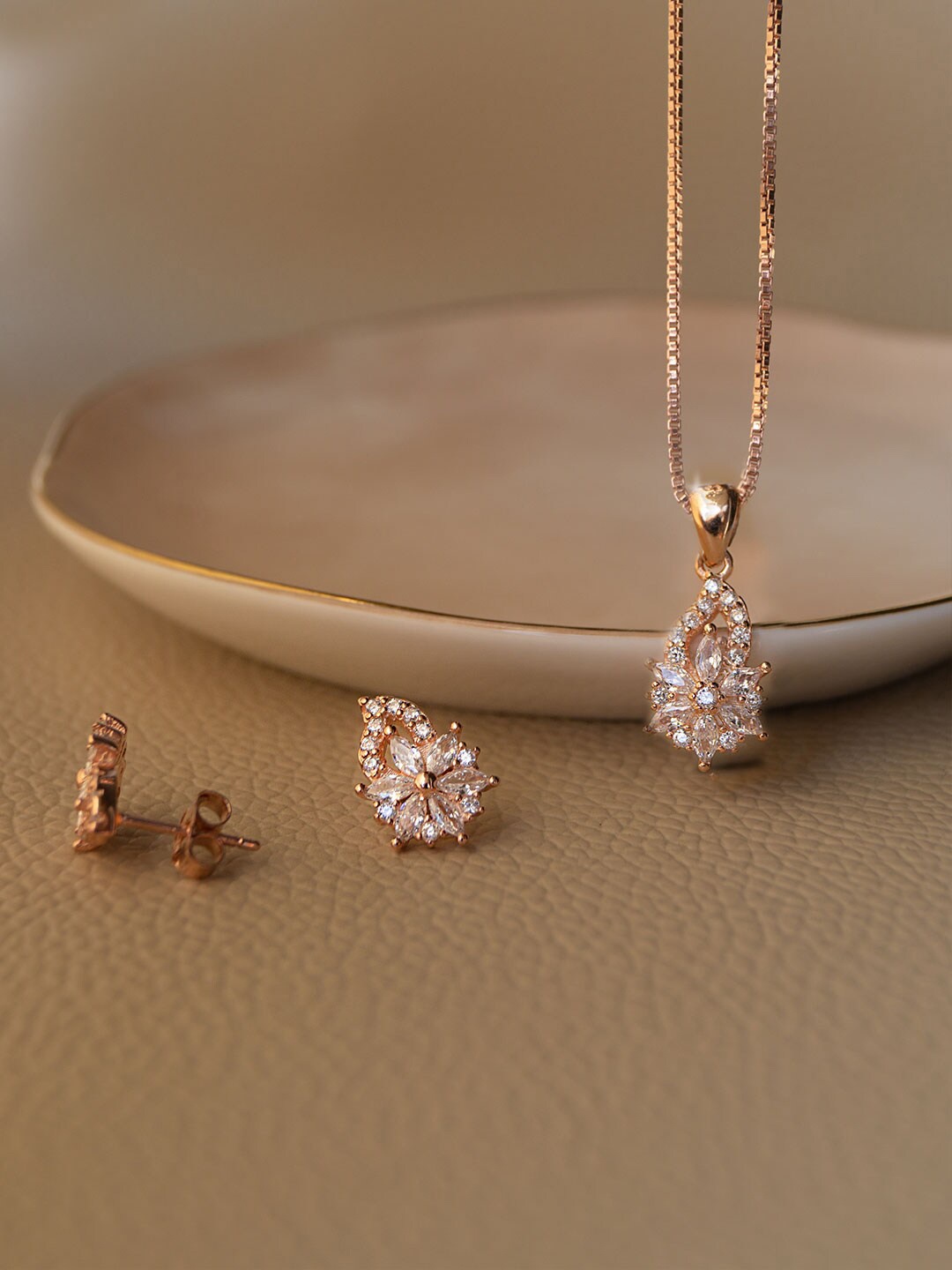 

MANNASH 925 Sterling Silver 18KT Rose Gold-Plated CZ-Studded Jewellery Set