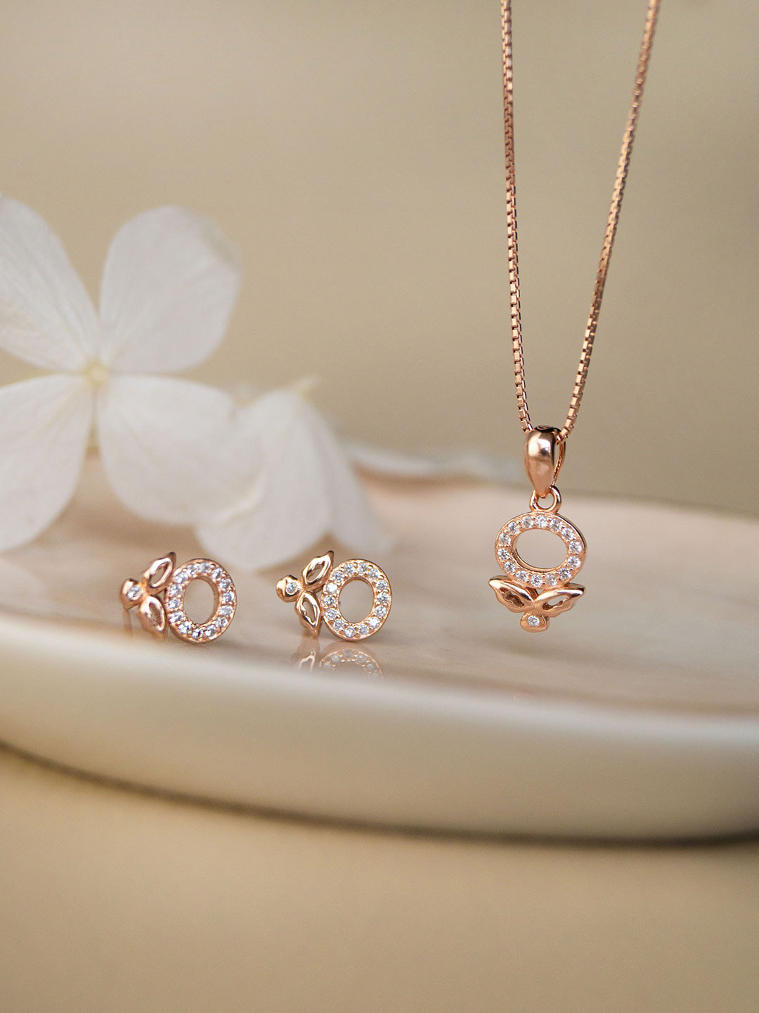 

MANNASH 925 Sterling Silver Rose Gold-Plated CZ-Studded Jewellery Set