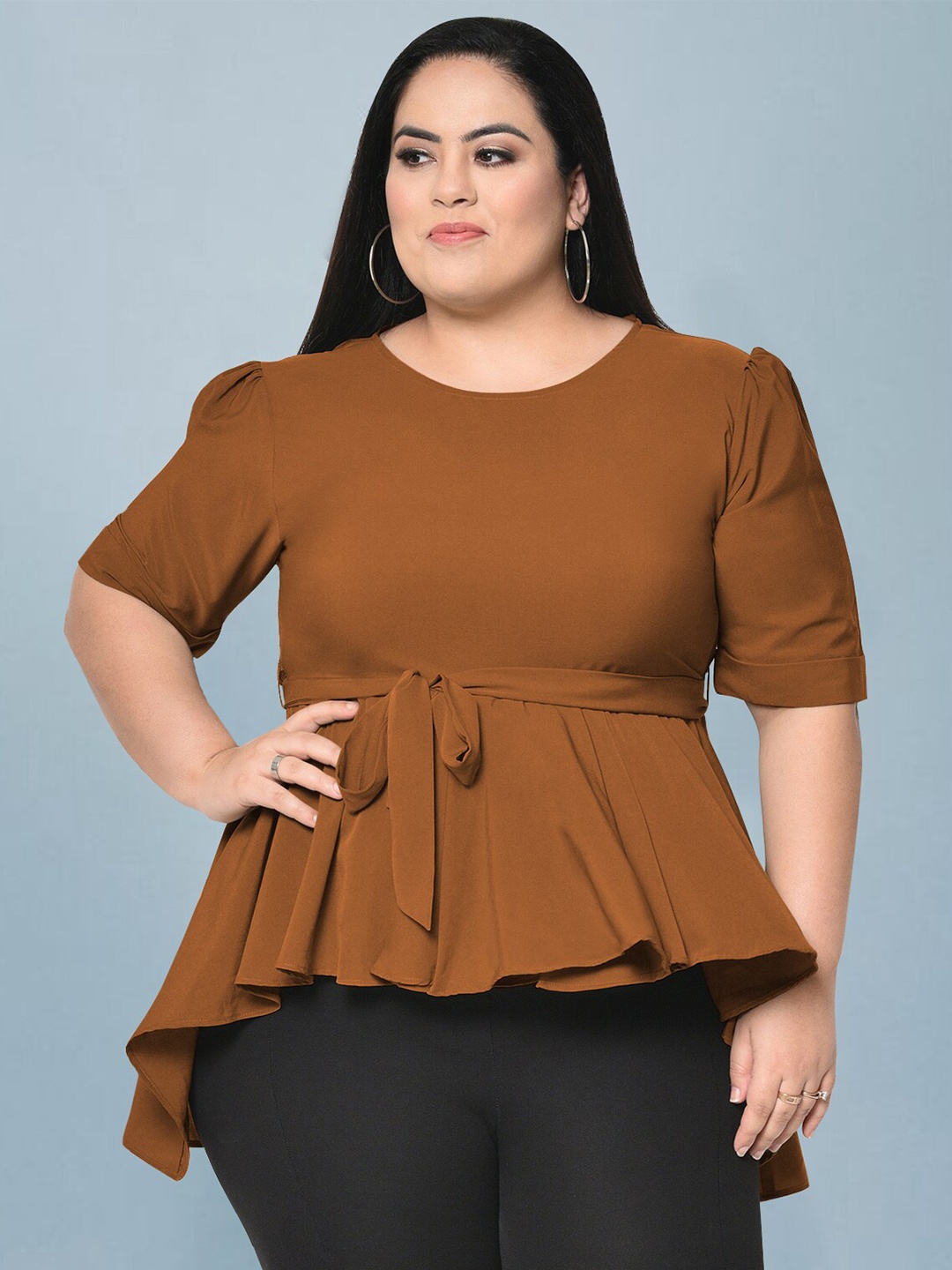 

wild U Plus Size Puff Sleeve Round Neck High-Low Hem Peplum Top, Brown
