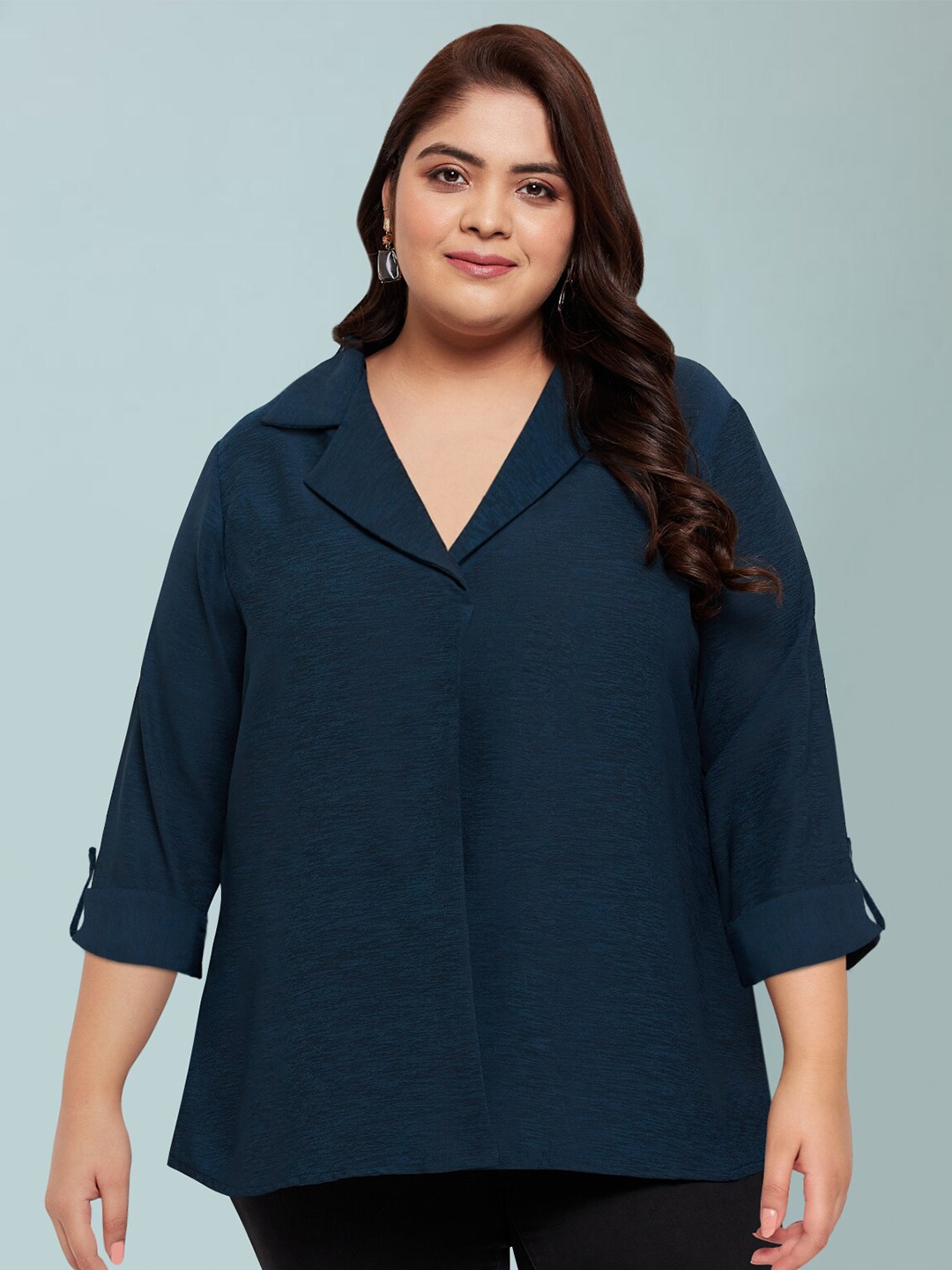 

wild U Plus Size Three-Quarter Roll-Up Sleeves Shirt Style Top, Blue