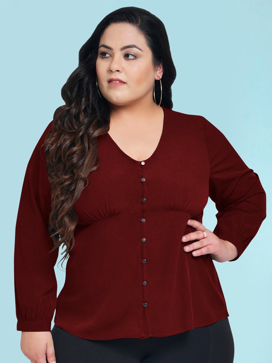 

wild U Plus Size V-neck Bishop Sleeve Empire Top, Maroon