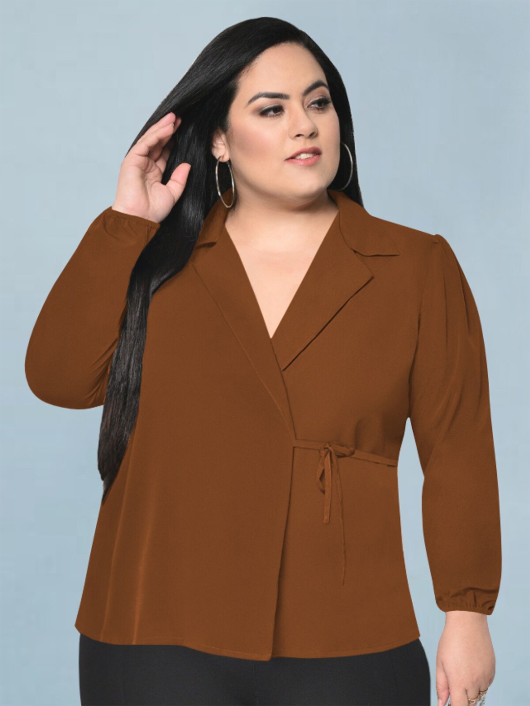 

wild U Plus Size Puff Sleeves Shirt Style Wrap Top, Brown