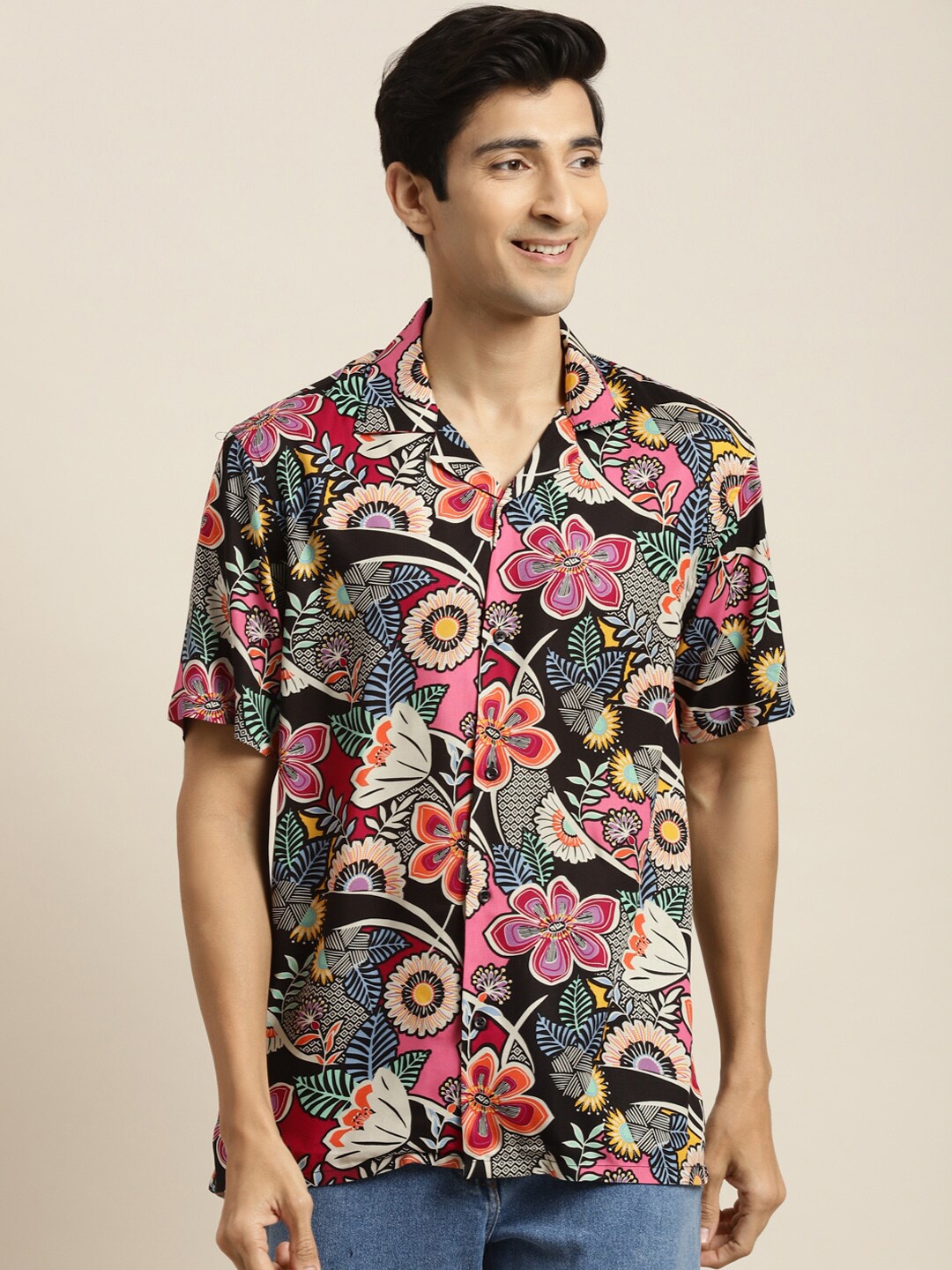 

Hancock New Floral Printed Cuban Collar Short Sleeves Casual Shirt, Black