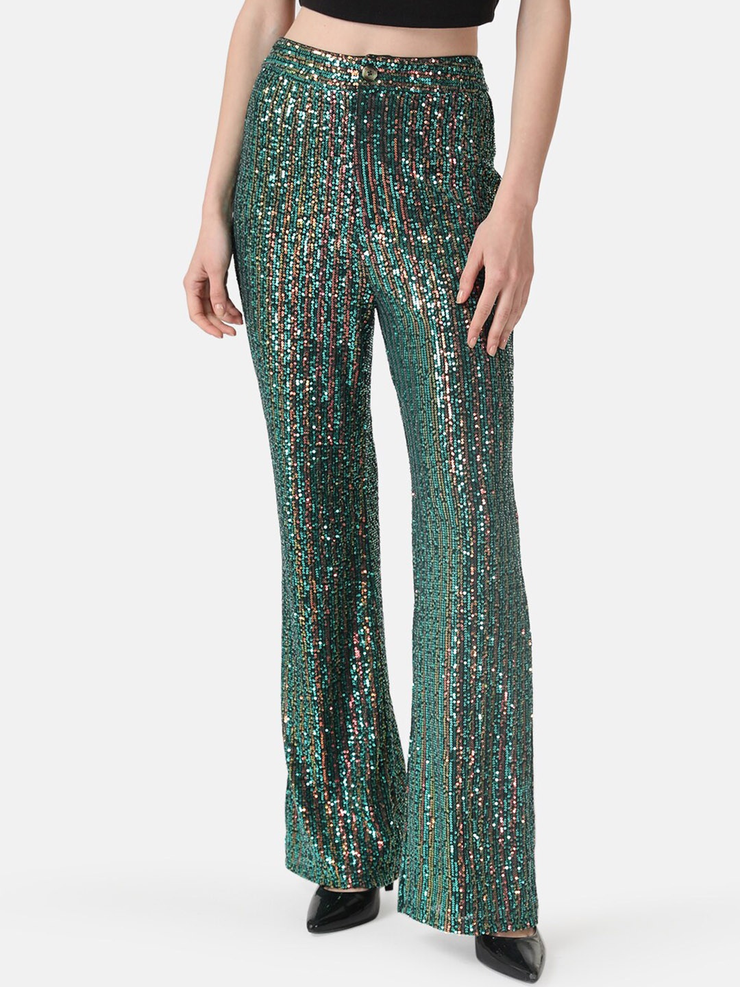 

Kazo Women Sequenced Flared High-Rise Bootcut Trousers, Green