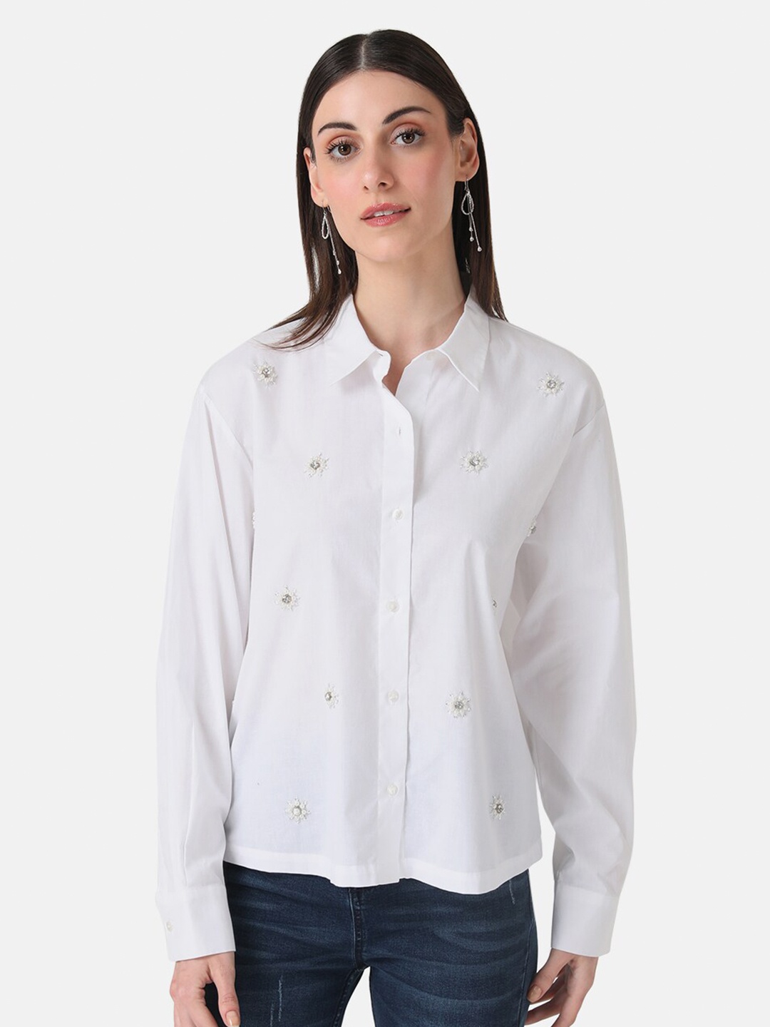 

Kazo Floral Embelished Modern Boxy Cotton Party Shirt, White