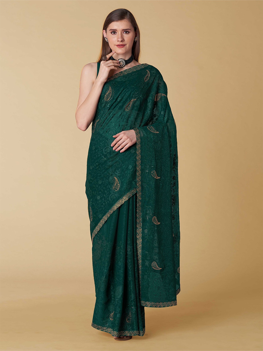 

ZIKARAA Ethnic Motifs Embroidered Beads & Stones Work Saree, Sea green