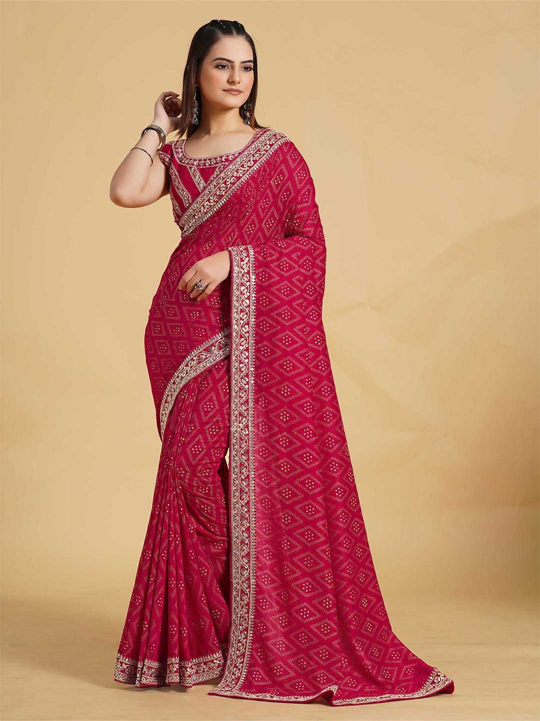 

ZIKARAA Embellished Embroidered Saree, Red
