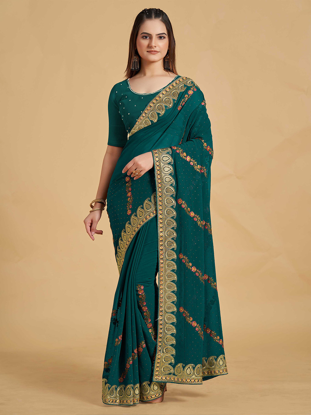 

ZIKARAA Ethnic Motifs Embroidered Beads & Stones Work Saree, Turquoise blue